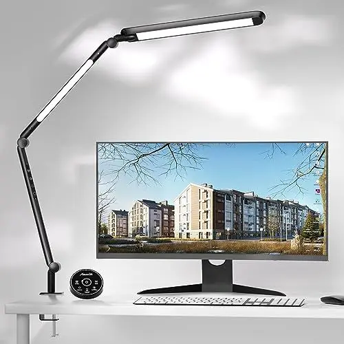 Produktbild: AmazLit Schreibtischlampe, Augenpflege Schreibtischlampe LED Dimmbar, Doppelte Lichtquelle Schwenkarm Architektenlampe, Einstellbare Farbtemperatur 15W Tischlampe für das Heimbüro,Fernbedienung