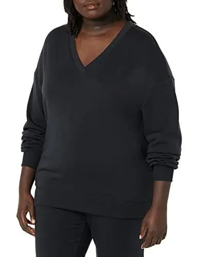 Produktbild: Amazon Aware Damen Fleece-Sweatshirt mit V-Ausschnitt und lockerer Passform (in Übergröße erhältlich), Schwarz, L