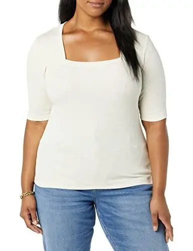 Produktbild: Amazon Aware Damen Geripptes T-Shirt aus Modal mit ellenbogenlangen Ärmeln und quadratischem Ausschnitt (in Übergröße erhältlich), Haferbeige Meliert, M