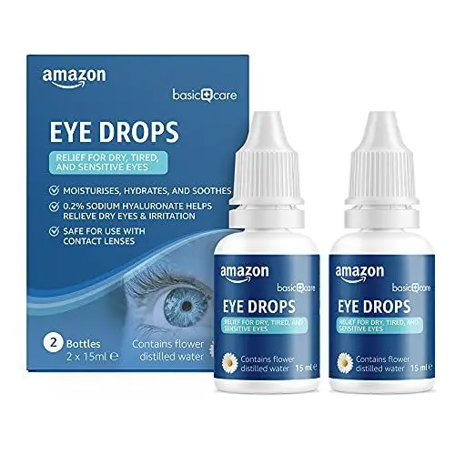 Produktbild: Amazon Basic Care Augentropfen mit Natriumhyaluronat 0,2% und destilliertem Blütenwasser, 15 ml (2er Pack)