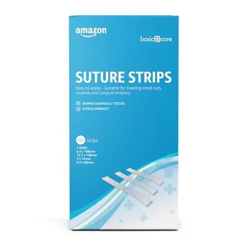 Produktbild: Amazon Basic Care - Wundverschlussstreifen, hypoallergen, steril, 4 Größen, 60 Stück