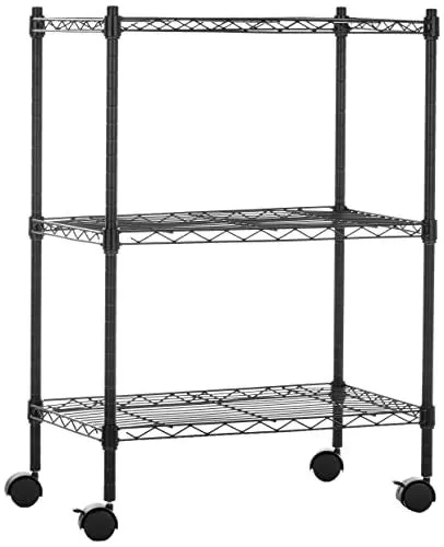 Produktbild: Amazon Basics 3 Regalböden, schmal auf Rollen mit Höhenverstellbaren Einlegeböden und Verstellbaren Nivellierfüßen - Max. Gewicht 340 kg, Schwarz, 34 cm D x 58.9 cm W x 83.2 cm H
