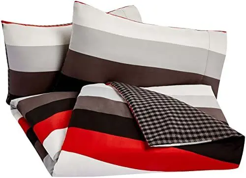 Produktbild: Amazon Basics 3-teiliges Mikrofaser-Bettwäsche-Set, Bettdeckenbezug 200 x 200 cm & 2 Kissenbezüge 50 x 80 cm, Rot, einfach gestreift