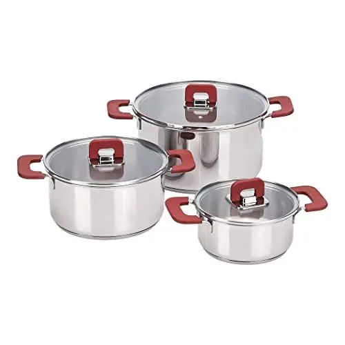 Produktbild: Amazon Basics 3 Stück Kochtopf-Set - Edelstahl, anti-haftend, induktionsgeeignet, mit Deckeln - 16/20/24 cm