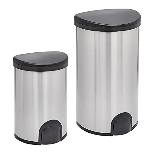 Produktbild: Amazon Basics Automatischer Mülleimer aus Edelstahl D- förmig, handfreie Bedienung, mit Fußpedal, Dual 50 l/20 l, Stainless Steel