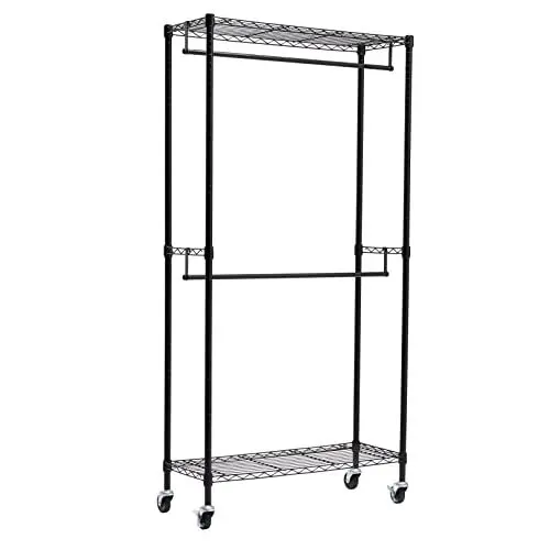 Produktbild: Amazon Basics Doppel-Kleiderstange Offen mit Rädern und Höhenverstellbaren Regalen - Maximalgewicht 181 kg, Schwarz, 91.0 x 35.5 x 183.0 cm (L x W x H)