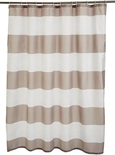 Produktbild: Amazon Basics Duschvorhang, Wasser- und schimmelresistenter Stoff, Badezimmervorhang mit Ösen und Haken, maschinenwaschbar, 183 x 183 cm, Beige gestreift