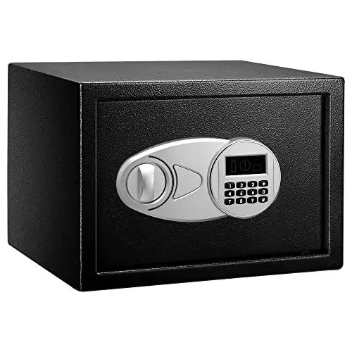 Produktbild: Amazon Basics Tresor aus Stahl, Sicherheit für Zuhause, mit digitaler Tastatursperre – für Bargeld, Schmuck, Ausweise, Dokumente, 14 l, 35cm x 25cm x 25cm (B x T x H), Schwarz