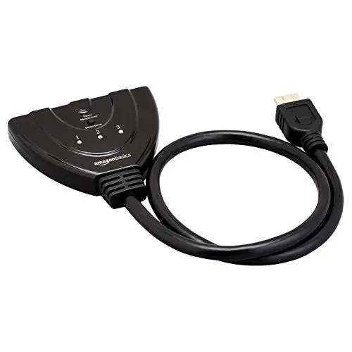 Produktbild: Amazon Basics HDMI-Switch mit 3 Anschlüssen und Pigtail-Kabel unterstützt Full HD 4K @30Hz -Video, 3-in-1-Ausgang, Schwarz