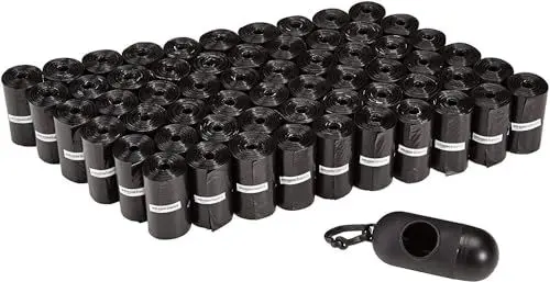 Produktbild: Amazon Basics Hundekotbeutel mit Spender und Leinenclip, Unparfümiert, 900 Beutel (60 Packungen mit je 15 Beuteln), Schwarz
