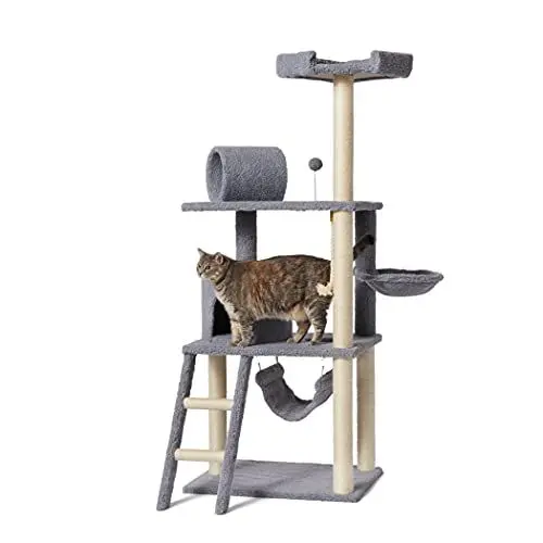 Produktbild: Amazon Basics Katzen-Kratzbaum mit Haus, Hängematte und Tunnel, 65 x 157 x 49 cm, grau
