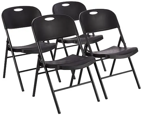 Produktbild: Amazon Basics Klappstühle aus Kunststoff und Metall, 4er-Set, Campingstuhl, Küchenstuhl, drinnen und draußen, Schwarz, bis 158 kg