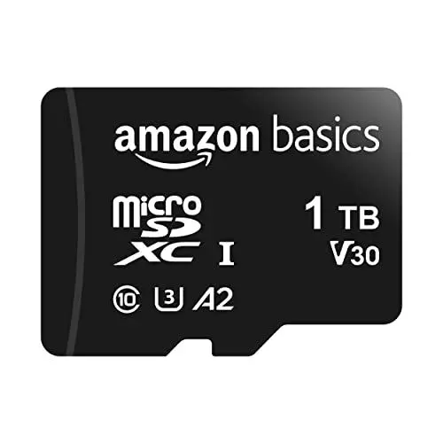 Produktbild: Amazon Basics MicroSDXC, 1 TB, mit SD Adapter, A2, U3, Lesegeschwindigkeit bis zu 100 MB/s, Schwarz