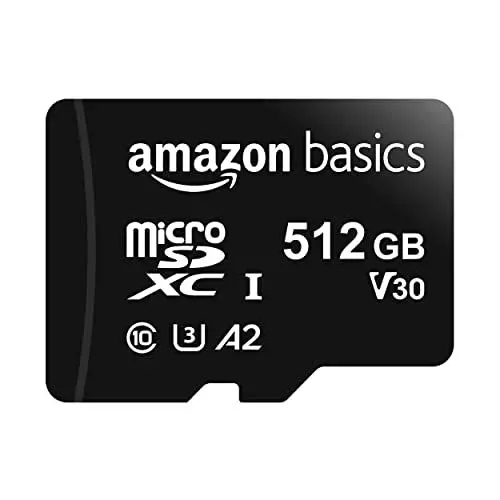 Produktbild: Amazon Basics MicroSDXC, 512 GB, mit SD Adapter, A2, U3, Lesegeschwindigkeit bis zu 100 MB/s, Schwarz