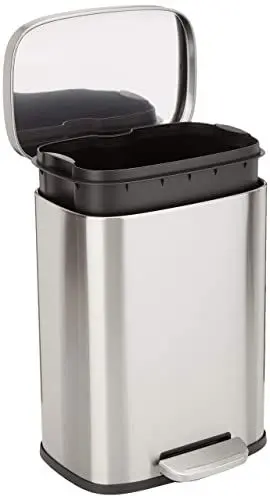 Produktbild: Amazon Basics Mülleimer Rechteckig, schmutzabweisend, mit sanft schließendem Fußpedal, für Bad, Schlaf- oder Wohnzimmer, 12 l, Satiniertes Nickel, 29 cm L x 24 cm B x 39 cm H