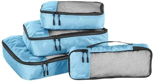 Produktbild: Amazon Basics Packwürfel Set für Koffer, Reise Organizer, Reißverschluss, 4 Teilig, Groß, Mittelgroß, Klein, Schmal, Himmelblau