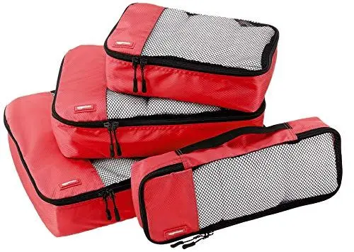 Produktbild: Amazon Basics Packwürfel Set für Koffer, Reise Organizer, Reißverschluss, 4 Teilig, Groß, Mittelgroß, Klein, Schmal, Rot