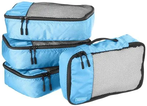 Produktbild: Amazon Essentials 4-teiliges Packwürfel-Reisezubehörset, Gepäckorganizer mit doppeltem Reißverschluss, Netzoberseite, 100% Polyester, klein, himmelblau (früher Amazon Basics)