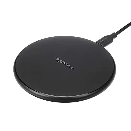 Produktbild: Amazon Basics 15W Qi-zertifiziertes kabelloses Ladepad (iPhone 16/15/14/13/12/11/X, Samsung) - mit USB-Kabel (Netzteil nicht im Lieferumfang enthalten) - Schwarz