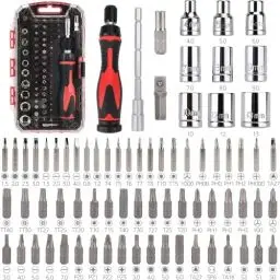 Produktbild: Amazon Basics Ratschenschlüssel magnetisch und PräzisionsSchraubendreher für Elektronik, 73 Stück, 1er-Pack, Schwarz/Silber/Rot