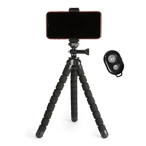 Produktbild: Amazon Basics Stativ, tragbar und flexibel, mit kabelloser Fernbedienung und Smartphone-Halterung, 25,4 cm lang, Schwarz