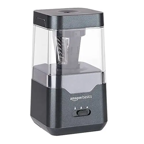 Produktbild: Amazon Basics Tragbarer elektrischer Bleistiftspitzer, spiralförmige Klinge, automatischer Stopp, batterie-/USB-betrieben, Schwarz, 7.1 x 7.1 x 13.46 cm