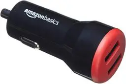 Produktbild: Amazon Basics USB-A-Autoladegerät mit 2 Anschlüssen - 24 W - für Telefone (iPhone 16/15/14/13/12/11/X, Samsung und mehr) - nicht PPS - Schwarz/Rot