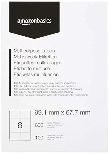 Produktbild: Amazon Basics Universal-Adressetiketten, Rechteckig , 100 Bögen, 8 Etiketten pro Bogen, 800 Stück, Weiß, 99.1mm x 67.7mm