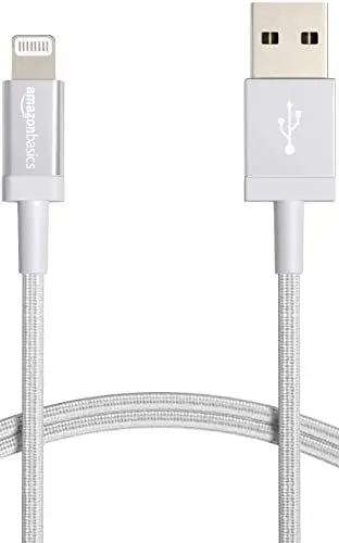 Produktbild: Amazon Basics Verbindungskabel Lightning auf USB-A, Nylon-umflochten, MFi-zertifiziertes Ladekabel für iPhone, Silber, 0.9 m