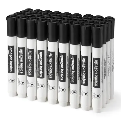 Produktbild: Amazon Basics Whiteboard-Marker, geruchsarm, trocken abwischbar, feine Spitze, Schwarz, 36 Stück
