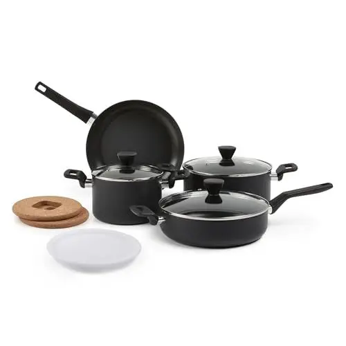 Produktbild: Amazon Basics 10-teilig Harteloxiertes, antihaftbeschichtetes, stapelbares Kochgeschirr-Set mit Töpfen und Pfannen platzsparend, PFOA-frei, Schwarz