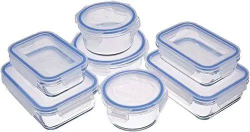 Produktbild: Amazon Basics Frischhaltedosen aus Glas für Lebensmittel, 14er-Pack (7 Behälter + 7 Deckel), BPA-freie (7er Pack) , Transparent, Blau