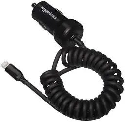 Produktbild: Amazon Basics - Kfz-Ladegerät mit Lightning-Anschluss, Spiral-Kabel, 5 V, 2,4 A, 0,45 m, Schwarz