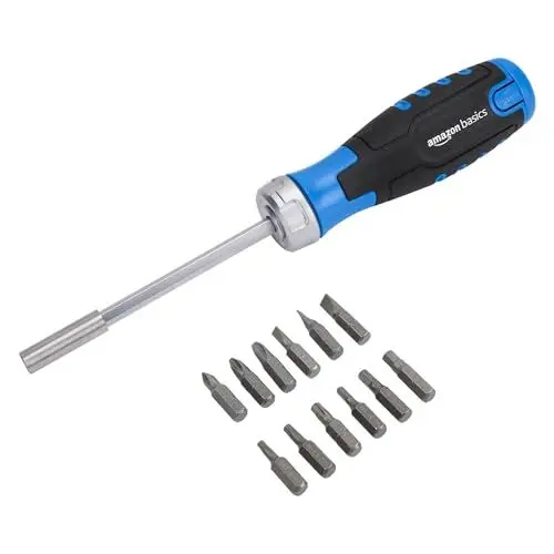 Produktbild: Amazon Basics – Magnetischer Ratschen-Schraubendreher, 12 Stück, 1er-Pack, Blau/Schwarz/Silber
