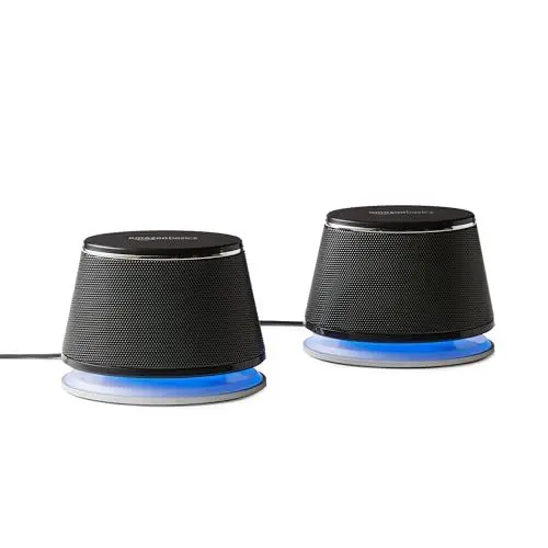 Produktbild: Amazon Basics Stereo-2.0-Lautsprecher für PC oder Laptop, 3,5-mm-AUX-Eingang, USB-Stromversorgung, 1 Paire, Schwarz