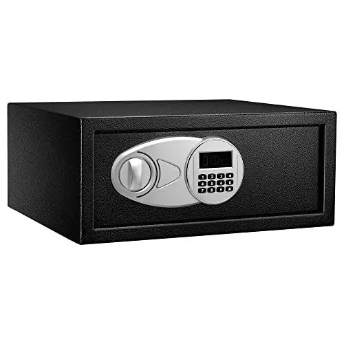 Produktbild: Amazon Basics Tresor aus Stahl, Sicherheit für Zuhause, mit digitaler Tastatursperre – für Bargeld, Schmuck, Ausweise, Dokumente, 20 l, 43 cm x 37 cm x 18 cm (B x T x H), Schwarz