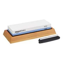 Produktbild: Amazon Basics Messerschärfstein, doppelseitig, Körnung 1000/6000, mit rutschfester Bambusunterseite, Schwarz, Blau und Weiß, 21,34 x 9,14 x 4,57 cm