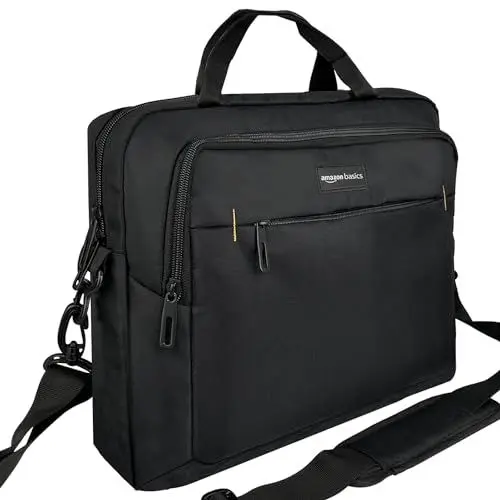 Produktbild: Amazon Basics kompakte Laptoptasche, Umhängetasche/Tragetasche mit Taschen zur Aufbewahrung von Zubehör, für Laptops bis zu 14 Zoll (35,6 cm), Schwarz, 1 Stück
