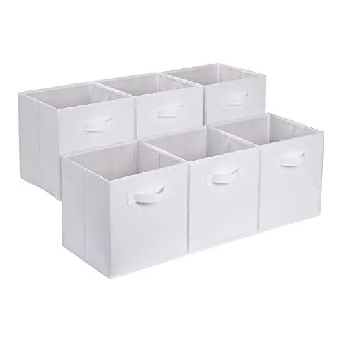 Produktbild: Amazon Basics zusammenklappbarer Aufbewahrungswürfel/Organizer aus Stoff mit Griffen, 33 cm x 33 cm x 33 cm, Einfarbig Weiß, 6 Stück