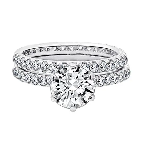 Produktbild: Amazon Collection Platinum-Plated Sterling Silver Round Ring Set made with Infinite Elements Cubic Zirconia (1 Carat Center Stone), Size 9