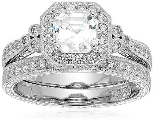Produktbild: Amazon Collection Platinum Plated Sterling Silver Infinite Elements Cubic Zirconia Asscher Antique Ring, Size 9