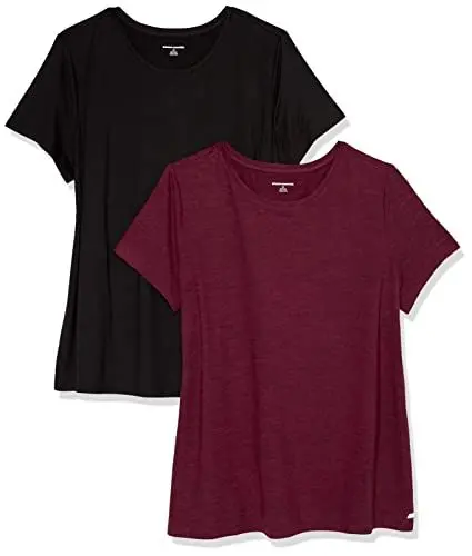 Produktbild: Amazon Essentials Damen Active Quick Dry Tech Stretch Kurzarm-T-Shirt mit Rundhalsausschnitt (in Übergröße erhältlich), 2er-Pack, Burgunderrot Space-dye/Schwarz, L