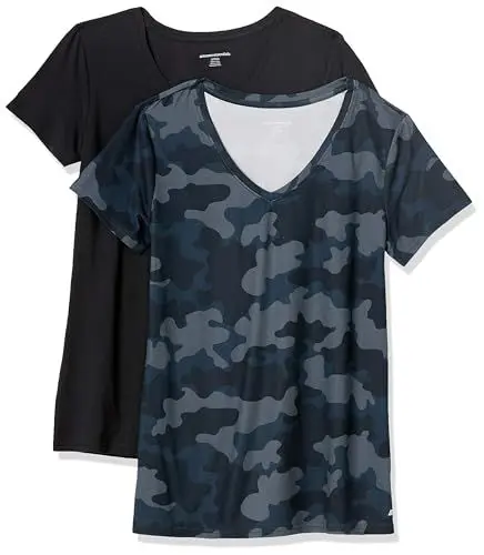 Produktbild: Amazon Essentials Damen Active Quick Dry Tech Stretch Kurzarm-T-Shirt mit V-Ausschnitt (in Übergröße erhältlich), 2er-Pack, Marineblau Tarnmuster/Schwarz, XL