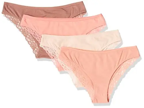 Produktbild: Amazon Essentials Damen Freche Brazilian-Unterwäsche aus Baumwolle und Spitze, 4er-Pack, Lachsrosa/Braun/Hellrosé, 36
