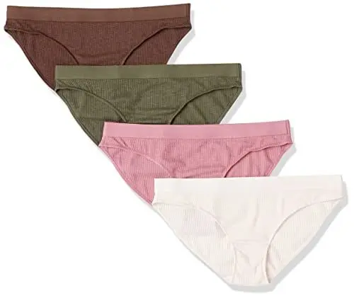 Produktbild: Amazon Essentials Damen Gerippter Bikini-Slip, 4er-Pack, Braun/Blassrosa/Grün, 38
