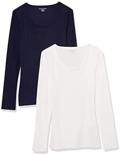 Produktbild: Amazon Essentials Damen Gerippter Pullover mit geripptem U-Ausschnitt mit schmaler Passform (erhältlich in Übergröße), 2er-Pack, Marineblau/Weiß, L