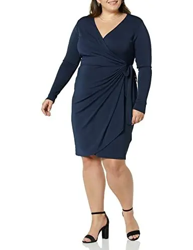 Produktbild: Amazon Essentials Damen Klassisches Wickelkleid mit Langen Ärmeln (erhältlich in Übergröße), Marineblau, 6XL Große Größen