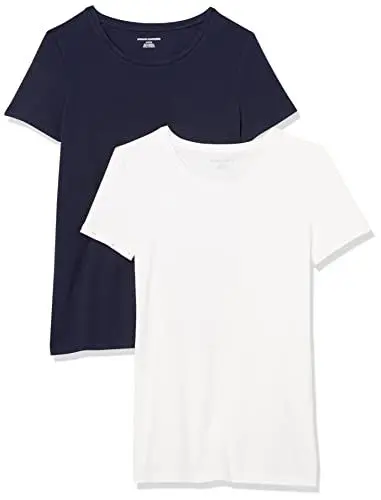 Produktbild: Amazon Essentials Damen T-Shirt mit kurzen Ärmeln und Rundhalsausschnitt in normaler Passform, 2er-Pack, Marineblau/Weiß, XL