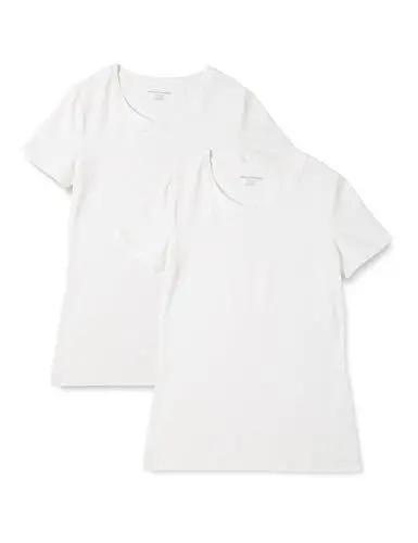 Produktbild: Amazon Essentials Damen Kurzärmeliges T-Shirt mit Rundhalsausschnitt, Klassischer Schnitt, 2er-Pack, Weiß, L