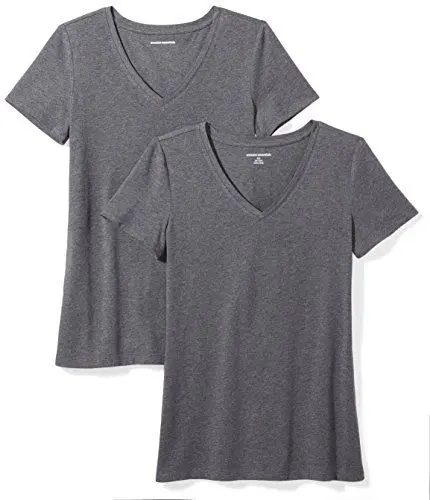 Produktbild: Amazon Essentials Damen T-Shirt Regular Fit mit kurzen Ärmeln und V-Ausschnitt, 2er-Pack, Dunkelgrau Meliert, L
